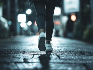 Woman walks city street night; bokeh background; travel blog