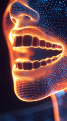Aufkleber - Orange wireframe human mouth yelling, generating blue particle explosion against dark backdrop