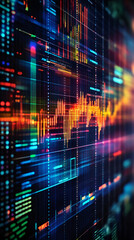 Poster - Digital screen presenting intricate data visualization, showing vibrant lines and financial charts highlighting technological analytics and market trends