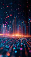 Poster - Digital particles flowing and creating a futuristic cityscape, symbolizing innovation, technology, and smart cities