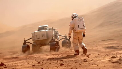 Wall Mural - astronaut explores martian surface next to a scientific rover