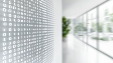 Office binary code wall, blurred hallway background, data security concept