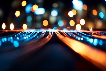 Aufkleber - A close-up view of interconnected circuit lines illuminated with blue and orange lights pulsating against a dark backdrop, featuring an area for text