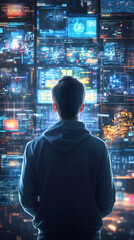 Poster - Cybersecurity professional analyzing multiple screens displaying source code and complex data visualization networks