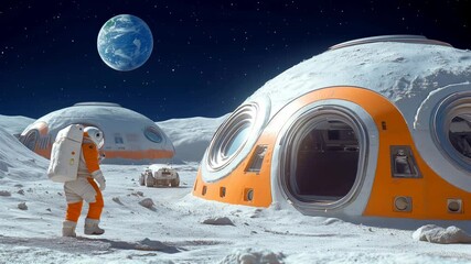 Wall Mural - astronaut exploring lunar habitat with earth visible in the background
