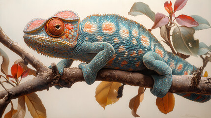 vibrant chameleon resting on branch, showcasing its colorful skin and unique patterns among autumn leaves. scene captures beauty of nature and intricate details of chameleon features