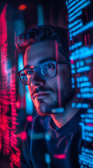 Fototapete - Portrait of a software developer analyzing holographic futuristic source code and software, working with augmented reality