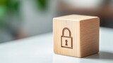 Wooden block with lock symbol represents security and privacy