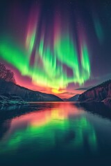 breathtaking aurora borealis illuminates tranquil lake at dusk in a northern landscape
