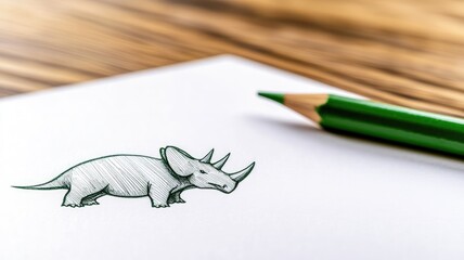 Wall Mural - Green pencil sketch of small, detailed dinosaur on white paper