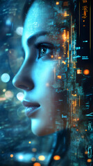 Leinwandbilder - Digital persona merging with flowing binary code, visualizing AI-powered human connection through technological transformation