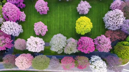 Wall Mural - A vibrant aerial view of flowering trees in full bloom over a lush green lawn