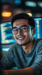 Leinwandbilder - Asian programmer working late, coding intently in darkened office with concentrated expression, illuminated by computer screen