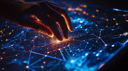 a zoomed-in shot of a hand tracing a celestial map, with constellations glowing softly under a black