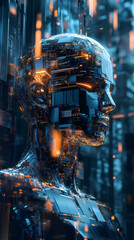Leinwandbilder - Android head made of electronic components emerging from a futuristic technological background, concept of artificial intelligence