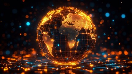 Poster - Glowing digital Earth globe on circuit board, bokeh background, data visualization