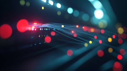 Aufkleber - A wide-angle view showcases a modern network server rack illuminated by vibrant LED lights, with holographic lines representing digital connections extending outward