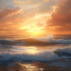 Wall Mural - vivid sunset casting golden hues over a chalcedony coast with soft waves crashing, offering an elega