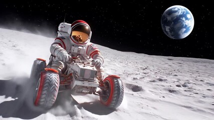 Wall Mural - astronaut driving a lunar rover on the moon's surface with earth in the sky