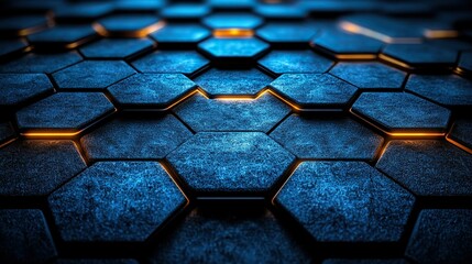 Poster - Glowing hexagons surface with dark blue texture background for technology designs