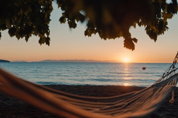 Poster - A hammock sways gently under trees, facing the calm ocean where warm golden light reflects at sunset, evoking feelings of relaxation and peacefulness