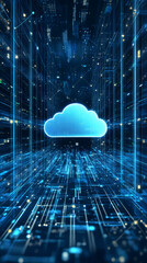 Poster - Cloud computing technology floating inside server room, connecting data center servers inside cyberspace