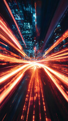 Fototapete - Light trails creating dynamic motion blur effect in a futuristic cityscape, capturing speed and energy of urban life at night