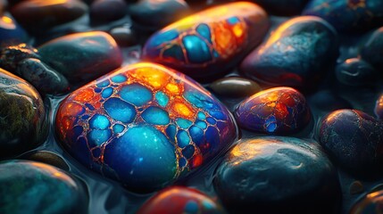 Poster - Glowing painted rocks in water, sunset reflection, zen garden decor