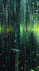 Leinwandbilder - Vibrant green and yellow digital rain cascading down, forming an expansive data stream within the depths of cyberspace