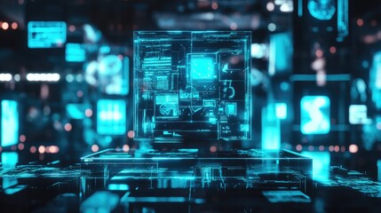 Holographic Cube Displays Futuristic Digital Data Interface