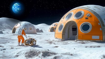 Wall Mural - astronaut exploring lunar habitat modules on the moon with earth in the sky