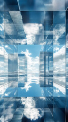 Fototapete - Low-angle view of glass skyscraper reflecting vivid blue sky with white clouds, highlighting sleek urban architectural design