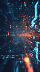 Leinwandbilder - Complex digital information flows through cyberspace, creating a dynamic and futuristic landscape with glowing bokeh lights