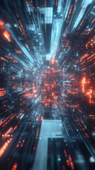 Poster - Data streaming through a cutting-edge server room illuminated by dynamic blue and orange lights, representing modern technology and communication
