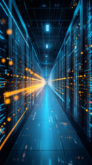Poster - Big data flowing seamlessly through interconnected servers, illuminated by vibrant light trails in a modern data center environment