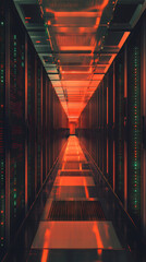 Poster - Modern data center with server racks and red lights creating a futuristic technological atmosphere