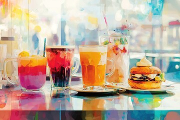 Wall Mural - A colorful table with a variety of drinks and food, including a hamburger