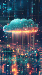 Leinwandbilder - Digital cloud computing transferring data as light trails to a futuristic city skyline at night, big data, technology and innovation concept
