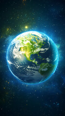 Poster - Earth is shown from space with North America visible, surrounded by stars and a glowing atmosphere