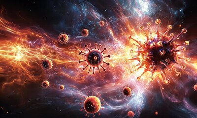 Wall Mural - Cosmic depiction of viruses in a vibrant, swirling nebula, showcasing the beauty of microscopic life in the universe