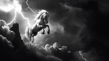 A whole white pony jumping through surrounded by dark clouds and lightning