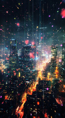 Leinwandbilder - Data streams flowing over a futuristic cityscape at night, creating a vibrant display of technology and urban life