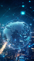 Aufkleber - Futuristic global network connecting a world map with lines and dots over an illuminated cityscape at night, symbolizing international communication and business