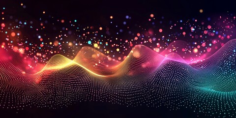 Wall Mural - Abstract data visualization background with a wave of colorful, glowing dots and a line chart, a financial or business graph chart concept vector illustration design elements on a black background, ve