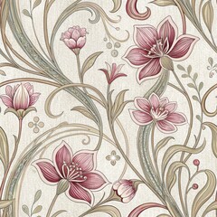 Wall Mural - Elegant Floral Seamless Pattern Art Nouveau Style Pink Flowers and Beige Vines Textile Design