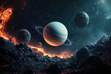 Wall Mural - a realistic photo of the planets, the solar system, and stars in space, with an explosion on one pla