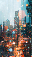 Poster - Skyscrapers and city lights blending with digital code streams, symbolizing the transformation into a smart urban environment