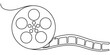 © Line emotion - One continuous line drawing of film reel with long tape. Retro old movie and cinema roll, Continuous one line drawing cinema film strip. Vintage cinema element isolated on a white background. Vector.