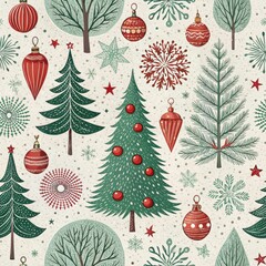 Wall Mural - Festive Christmas Seamless Pattern Trees Ornaments Snowflakes Winter Holiday Design