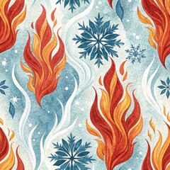 Wall Mural - Seamless Watercolor Pattern Fiery Flames and Frosty Snowflakes Winter Design